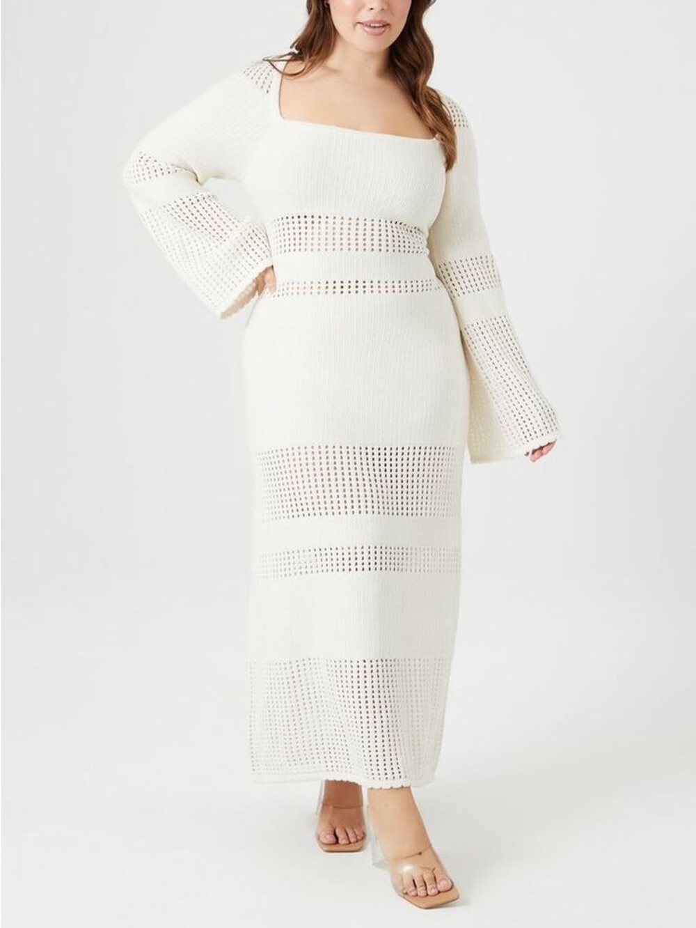Forever 21 White Crochet Open-Knit Maxi Dress with Square Neck